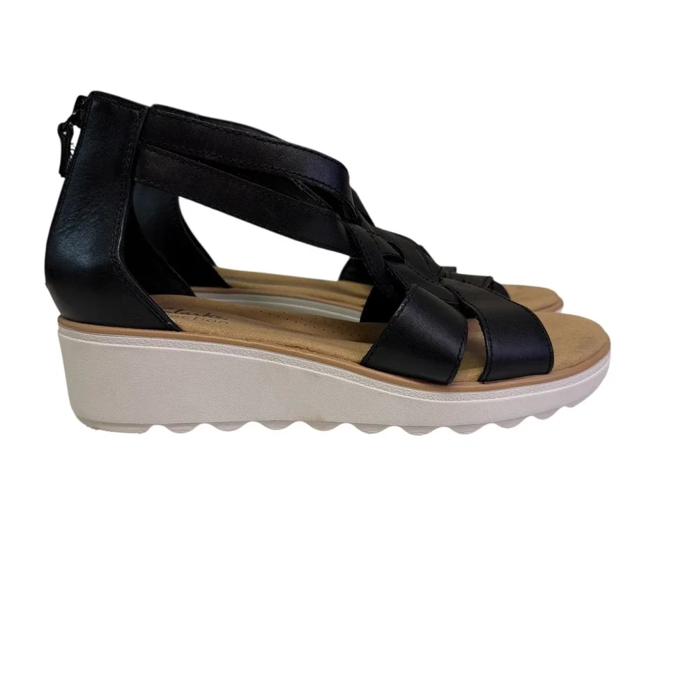 Clarks Collection Black Leather‎ Braided Strappy Wedge Sandals Womens 8 Boho